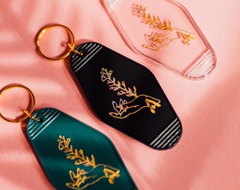 Hand und Blume holografischer Goldmotel keychain | holografisches Gold Design | Schlüssel Zubehör