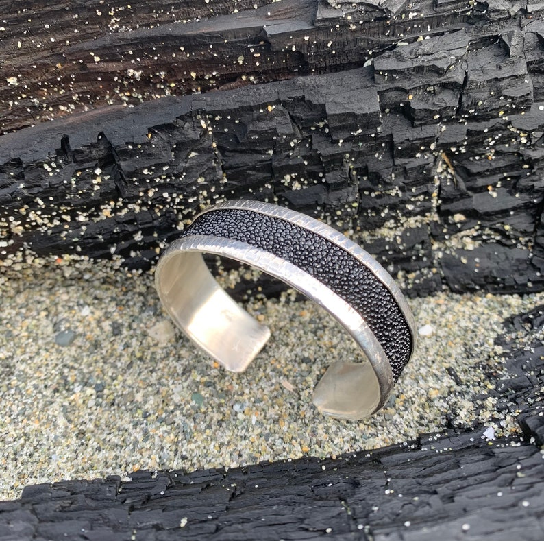 Stingray Leather and Sterling Silver Hand Forged Cuff Handcrafted One-of-a-kind Genuine Black Stingray Leather Made in Canada