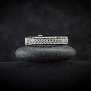Saami Swedish Lapland Reindeer Leather Bracelet / &quot;RAIDO&quot; / Pewter Braided 10% Silver Tin Thread / Antler Button / Saami Craft / Canada
