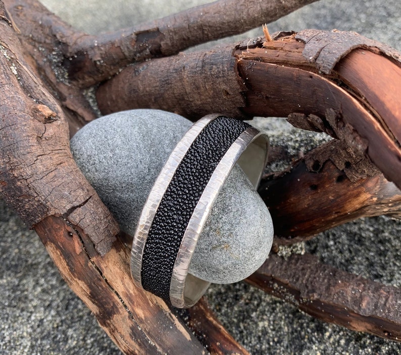 Stingray Leather and Sterling Silver Hand Forged Cuff Handcrafted One-of-a-kind Genuine Black Stingray Leather Made in Canada