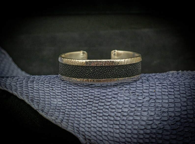 Stingray Leather and Sterling Silver Hand Forged Cuff Handcrafted One-of-a-kind Genuine Black Stingray Leather Made in Canada