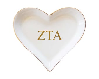 Zeta Tau Alpha sorority heart shaped ring dish with chrome greek letters, ZTA jewelry dish, big little reveal, graduation alumna gift