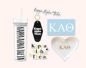 Kappa Alpha Theta Sorority Tumbler Bundle for Bid Day, Big Little Reveal, KAO Cup and Stickers, Car Decal, Water Bottle, Keychain, Ring dish