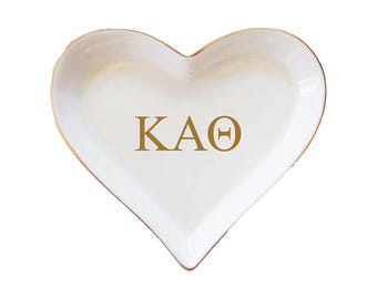 Kappa Alpha Theta sorority heart shaped ring dish with chrome greek letters, KAO jewelry dish, big little reveal, graduation alumna gift