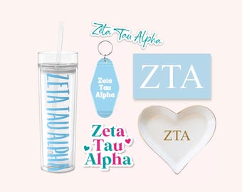Zeta Tau Alpha Sorority Tumbler Bundle for Bid Day, Big Little Reveal, Zeta Cup and Stickers, Car Decal, Water Bottle, Keychain, Ring Dish