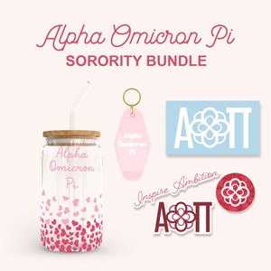 May include: A sorority bundle featuring a pink and white tumbler with a straw, a pink keychain with the text "Alpha Omicron Pi", a white sticker with the letters "AOT" and a red sticker with the letters "AOT" and the text "Inspire Ambition".