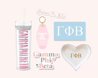 Gamma Phi Beta Sorority Tumbler Bundle | Bid Day, Big Little Reveal, Gamma Phi Cup, Stickers, Car Decal, Water Bottle, Keychain, Ring Dish