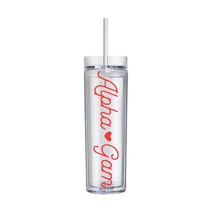 May include: A clear acrylic tumbler with a red inscription that reads "Alpha Gam" with a red heart symbol between the words. The tumbler has a lid and a straw.