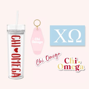 Chi Omega Sorority Tumbler Bundle for Bid Day, Big Little Reveal, Chi O Cup and Stickers, Car Decal, Water Bottle, Keychain