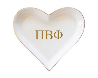 Pi Beta Phi sorority heart shaped ring dish with chrome greek letters, Pi Phi jewelry dish, big little reveal, graduation alumna gift