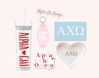 Alpha Chi Omega Sorority Bundle: Tumbler, Ring Jewelry Dish & Stickers for Bid Day, Big Little Reveal, Alpha Chi Car Decal, Water Bottle