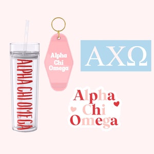 May include: A set of Alpha Chi Omega sorority themed items including a clear tumbler with a red straw, a pink keychain with the letters "Alpha Chi Omega" and a pink and red sticker with the letters "Alpha Chi Omega" and hearts.