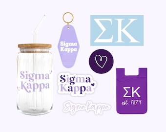 Sigma Kappa Sorority Bundle, Bid Day Bag, Big Little Reveal, SK Glass Cup with Bamboo Lid and Stickers, Car Decal, Keychain, Phone Wallet