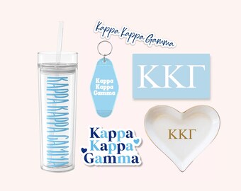 Kappa Kappa Gamma Sorority Tumbler Bundle for Bid Day, Big Little Reveal, KKG Cup and Stickers, Car Decal, Water Bottle, Keychain, Ring dish