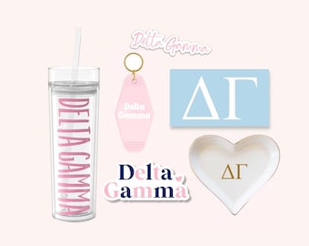 Delta Gamma Sorority Tumbler Bundle | Dee Gee Bid Day Gifts, Big Little Reveal, Cup and Stickers, Water Bottle, Keychain & Ring Dish