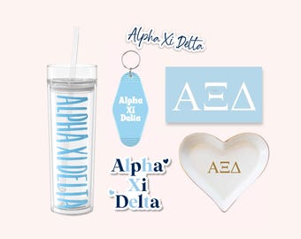 Alpha Xi Delta Sorority Tumbler Bundle for Bid Day, Big Little Reveal, AXiD Cup and Stickers, Car Decal, Water Bottle, Keychain, Ring Dish