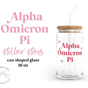 Alpha Omicron Pi Stars Sorority Can Shaped Glass for Iced Coffee, AOII Cup, Big Little Reveal Basket, Bid Day Basket, Recruitment Gift