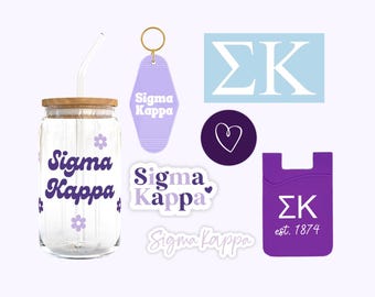 Sigma Kappa Sorority Bundle, Bid Day Bag, Big Little Reveal, SK Glass Cup with Bamboo Lid and Stickers, Car Decal, Keychain, Phone Wallet