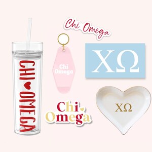 Chi Omega Sorority Tumbler Bundle for Bid Day, Big Little Reveal, Chi O Cup and Stickers, Car Decal, Water Bottle, Keychain, Ring Dish