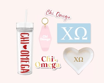 Chi Omega Sorority Tumbler Bundle for Bid Day, Big Little Reveal, Chi O Cup and Stickers, Car Decal, Water Bottle, Keychain, Ring Dish