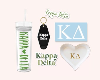 Kappa Delta Sorority Tumbler Bundle for Bid Day, Big Little Reveal, Kay Dee Cup and Stickers, Car Decal, Water Bottle, Keychain, Ring dish