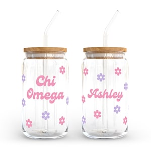 Personalized Chi Omega Sorority Can Shaped Glass for Iced Coffee, Custom Chi O Cup, Big Little Reveal Basket, Graduation Alumna Gift