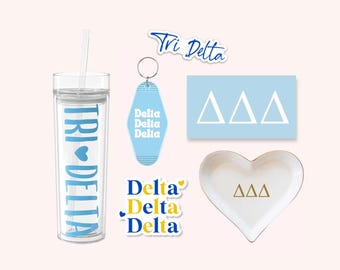 Delta Delta Delta Sorority Tumbler Bundle, Tri Delta Cup and Stickers, Big Little Reveal, Water Bottle, Keychain & Ring Dish for Jewelry