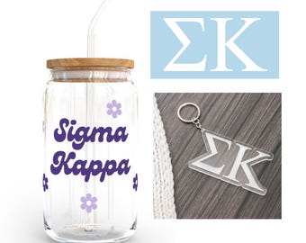 Sigma Kappa Sorority Bundle, Bid Day Bag, Big Little Reveal, SK Glass Cup for iced coffee, Car Decal Sticker, Water Bottle, Keychain