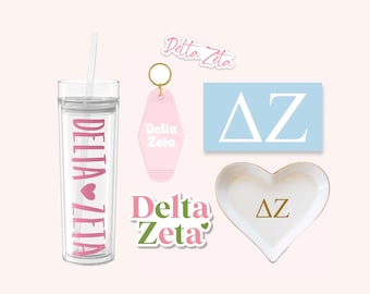 Delta Zeta Sorority Tumbler Bundle | Bid Day, Big Little Reveal, Dee Zee Cup and Stickers, Car Decal, Water Bottle, Keychain and ring dish