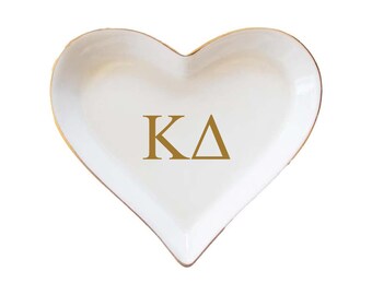 Kappa Delta sorority heart shaped ring dish with chrome greek letters, Kay Dee jewelry dish, big little reveal, graduation alumna gift