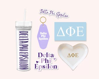 Delta Phi Epsilon Sorority Tumbler Bundle | Bid Day, Big Little Reveal, DPhiE Cup and Stickers, Car Decal, Water Bottle, Keychain, Ring dish