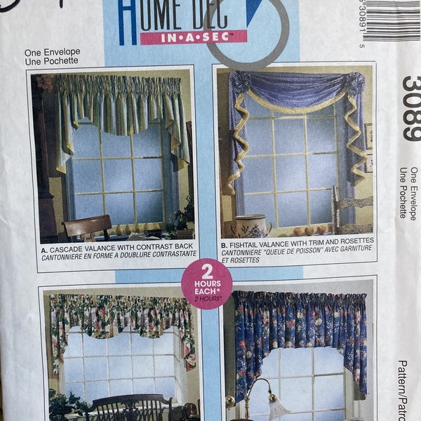 Window Valance Pattern McCall's Home Dec in-a-sec 3089 Vintage