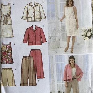 May include: Simplicity sewing pattern 3757 for sizes 10-18. The envelope features illustrations and photographs of a sleeveless dress, a button-front jacket, a tank top, and two styles of trousers in various colors and patterns.