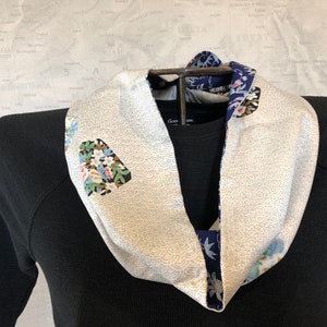 Reversible 100% Silk Shawl Collar Infinity Scarf Japanese Kimono Fabric Navy Blue and White Floral Print image 2