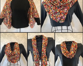 Multi-Way Draped Cardigan Infinity Scarf Red Orange Pink Floral Print