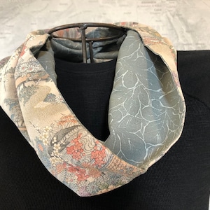 Reversible 100% Silk Shawl Collar Infinity Scarf Japanese Kimono Fabric Ivory and Gray Floral Print