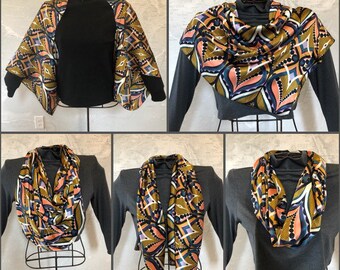 100% Silk Multi-Way Draped Cardigan infinity Scarf Mod Print