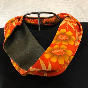 Reversible 100% Silk Shawl Collar Infinity Scarf Japanese Kimono Fabric Orange and Dark Green Floral Print image 1
