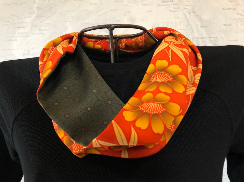 Reversible 100% Silk Shawl Collar Infinity Scarf Japanese Kimono Fabric Orange and Dark Green Floral Print image 1