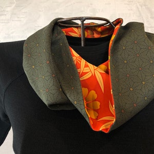 Reversible 100% Silk Shawl Collar Infinity Scarf Japanese Kimono Fabric Orange and Dark Green Floral Print image 2