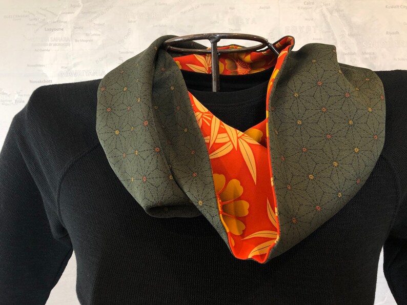 Reversible 100% Silk Shawl Collar Infinity Scarf Japanese Kimono Fabric Orange and Dark Green Floral Print image 2