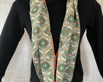 Reversible 100% Silk XL Infinity Scarf Japanese Kimono Fabric Green and Orange Floral Print