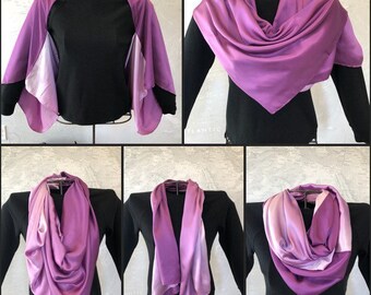 100% Silk Hand Rolled Multi-Way Kimono Cardigan Infinity Scarf Purple Lilac Ombre Silk Satin