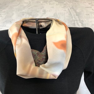 Reversible 100% Silk Shawl Collar Infinity Scarf Japanese Kimono Fabric Orange and Brown Floral Print