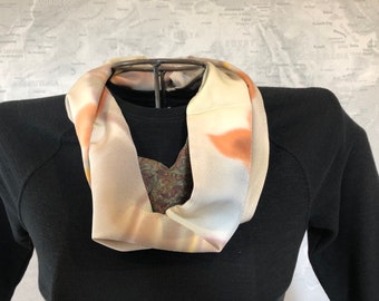 Reversible 100% Silk Shawl Collar Infinity Scarf Japanese Kimono Fabric Orange and Brown Floral Print