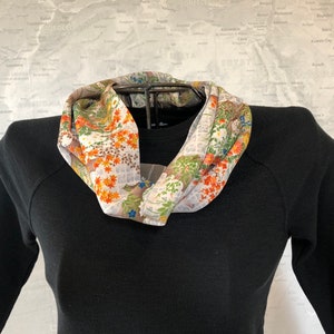 Reversible 100% Silk Shawl Collar Infinity Scarf Japanese Kimono Fabric Orange and Brown Floral Village Print