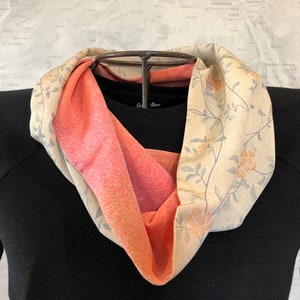Reversible 100% Silk Shawl Collar Infinity Scarf Japanese Kimono Fabric Salmon and Ivory Floral Print