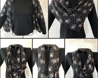 100% Silk Multi-Way Draped Cardigan Infinity Scarf Matte Silk Black Polka Dot Floral Bouquet Print