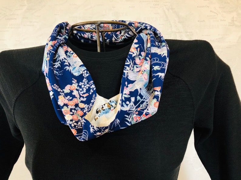 Reversible 100% Silk Shawl Collar Infinity Scarf Japanese Kimono Fabric Navy Blue and White Floral Print image 1