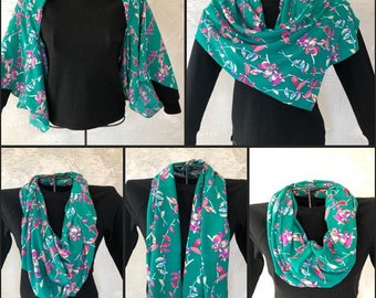 Multi-Way Draped Cardigan Infinity Scarf Teal Bird Print